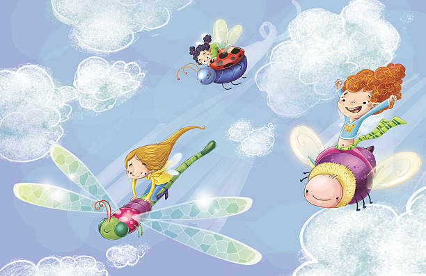 The fairies This illustration depicts little fairies flying over their insects, and they have a great time. It is a drawing created entirely by computer and I am the author of the work. volador stock illustrations