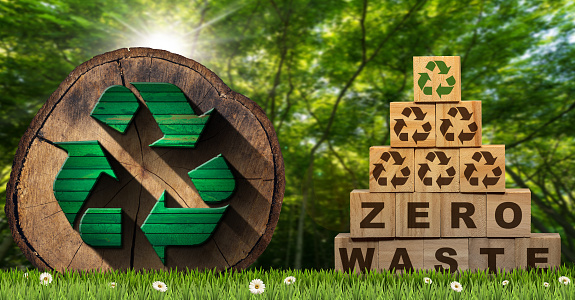 Stack of wooden blocks with text Zero Waste and Recycling Symbols, on a green meadow with a cross section of a tree trunk with a recycle symbol and a green forest on background.