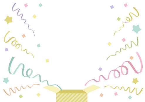 Framed illustration of ribbons and confetti flying out of a gift box Dull color Nuanced color Campaign material