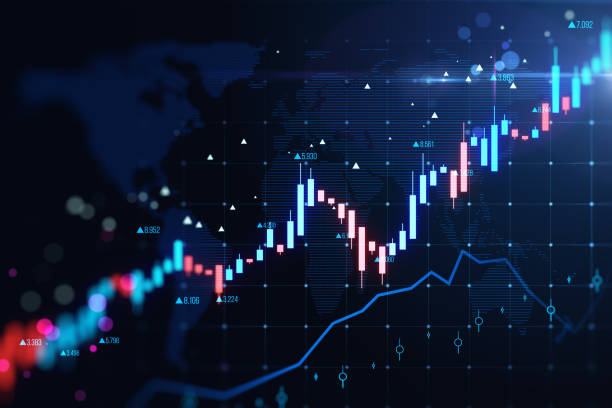 istock Creative glowing candlestick forex chart and map on blurry grid backdrop. Trade, finance and growing market concept. 3D Rendering. 1757449523