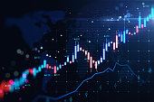 Creative glowing candlestick forex chart and map on blurry grid backdrop. Trade, finance and growing market concept. 3D Rendering.