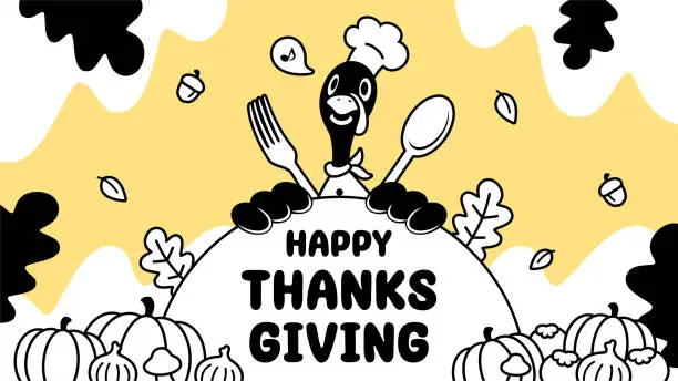 Vector illustration of A Turkey Chef with a fork and spoon prepares many ingredients for a Thanksgiving meal, a monochrome design