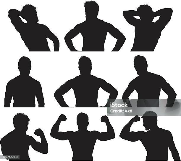 Vetores de Várias Imagens De Um Homem Musculoso e mais imagens de Uma pessoa - Uma pessoa, Ficar de Pé, Flexionar Músculos