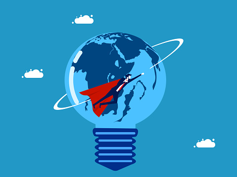 Smart and knowledgeable about the world. Businessman hero flies around the world of light bulbs. Vector