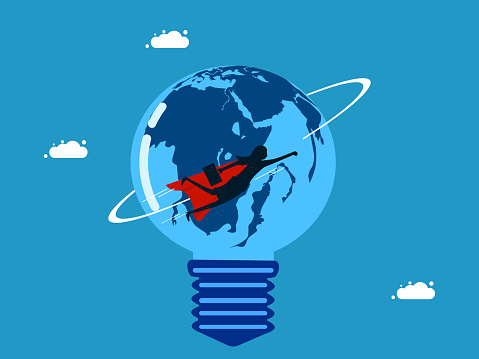 Smart and knowledgeable about the world. Businesswoman hero flies around the world of light bulbs. Vector