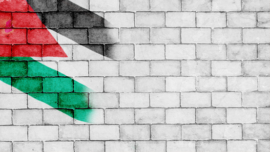 A very light grey white colored brick wall with rectangular blocks, textured grungy backgrounds with vibrant contrasting Palestinian flag painted over dull faint neutral backdrop. There is no people and copy space. It is a rustic modern backdrop template.