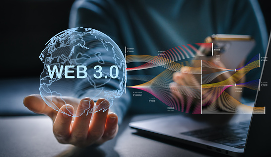 Human hold Web 3.0 with globe, big Data and blockchain concept, Technology development network, blockchain technology, global futuristic, website internet, business and WEB 3.0 concept