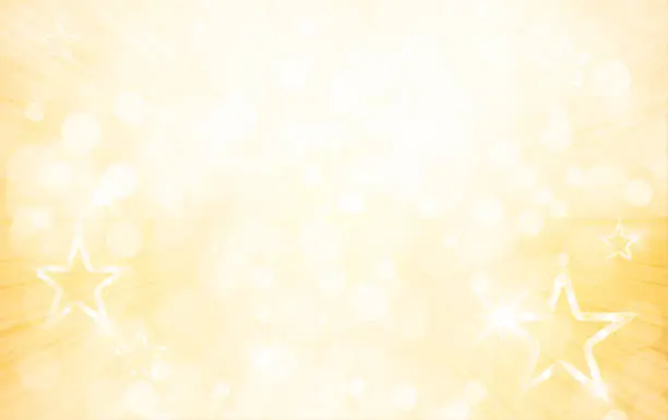 Vector illustration of Glittery shimmery shiny horizontal monochrome vector backgrounds in bright gradient light golden yellow beige color with bubble or lens flare all over like bokeh lights for Christmas celebrations with shining stars in sunbeam or sunburst beam