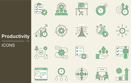 Productivity icon set.Clock, Success, Efficiency, task, focus, multitasking, workflow, growth, routine, project management, automation, productive, Time, management, work time, buffers, break, meeting