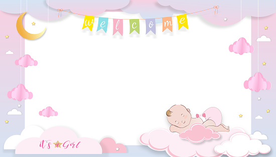 Baby shower card,Cute little girl sleeping on fluffy cloud with crescent moon and star on pink sky background, Vector Paper cut cloudscape backdrop with copy space for newborn baby's photo