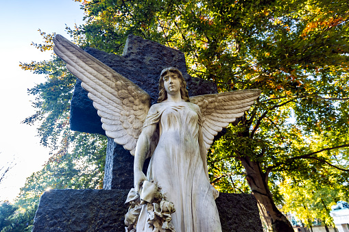 angel figure with spread wings in an autumn cemetery