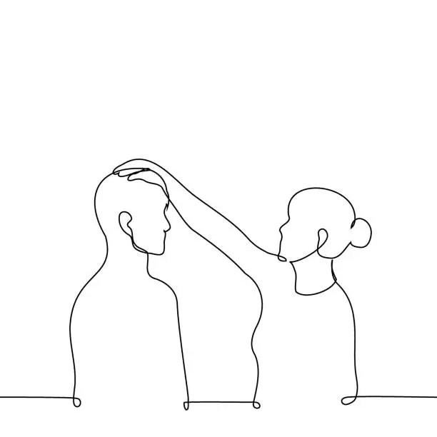 Vector illustration of woman put her hand on man's head - one line art vector. concept pat on the head