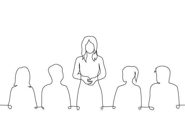 Vector illustration of woman stands in the middle of people sitting next to her at the table who are listening to her - one line art vector. concept woman making a toast, speech at a dinner party or conference