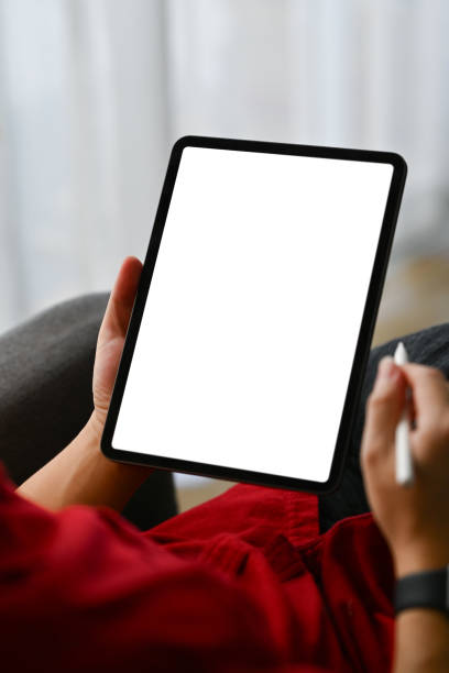 istock Close up shot creative male freelancer holding stylus pen using digital tablet on sofa 1757496340