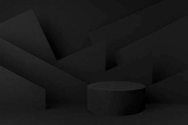 istock Abstract one black round podium for cosmetic products with geometric pattern on wall, mockup on black background. Scene for presentation products, goods, advertising, design in  contemporary style. 1757498518