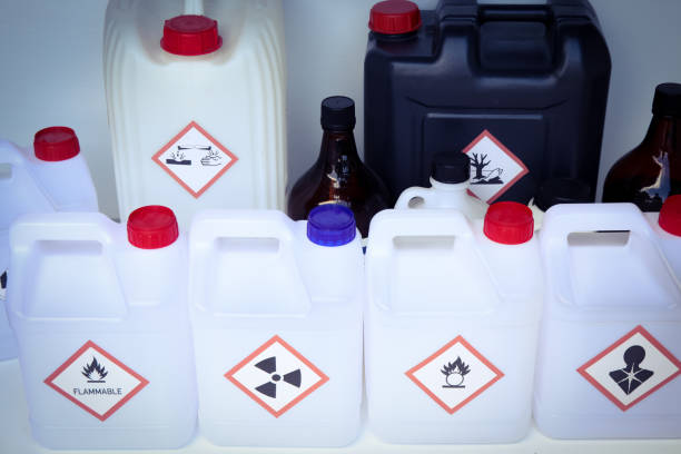 istock Warning symbol for chemical hazard on chemical container 1757503495