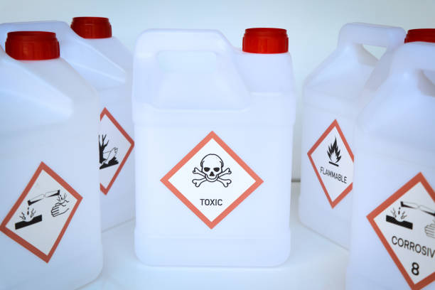 istock Warning symbol for chemical hazard on chemical container 1757503503