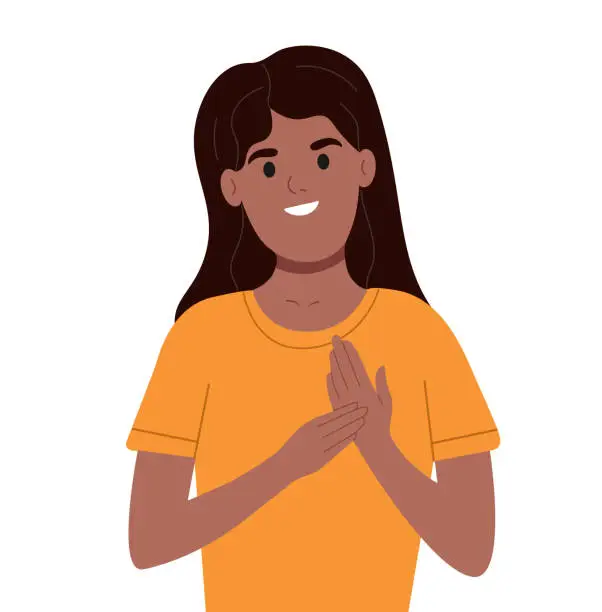 Vector illustration of Person communicate in sign language. Deaf and mute African American woman on white background. An adult learns sign language for the deaf disabled.