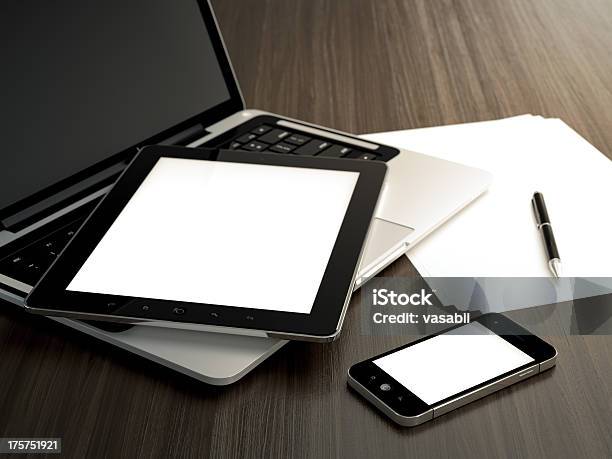 Office Table Stock Photo - Download Image Now - Digital Tablet, Laptop, Smart Phone