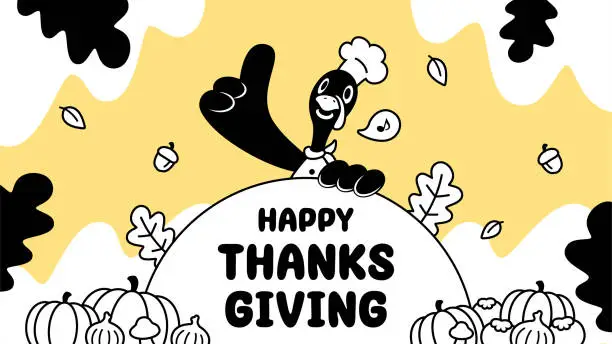 Vector illustration of A Turkey Chef prepares many ingredients for a Thanksgiving meal and gives a thumbs-up, a monochrome design