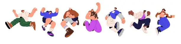 Vector illustration of Different jumping people set. Young employees group achieve goal, rejoice. Happy team get success. Corporate, business victory. Healthy lifestyle. Flat isolated vector illustration on white background
