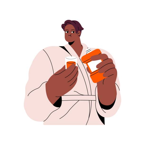 People brush teeth. Young person pours mouthwash from bottle. Character rinse tooth, cleaning mouth, care about dental hygiene. Morning water treatment. Flat isolated vector illustration on white People brush teeth. Young person pours mouthwash from bottle. Character rinse tooth, cleaning mouth, care about dental hygiene. Morning water treatment. Flat isolated vector illustration on white. black man brushing teeth stock illustrations