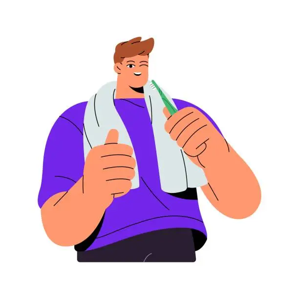 Vector illustration of People brush teeth. Young man holding toothbrush in hand, show thumbs up. Cleaning tooth, care about dental health, oral hygiene. Water treatments flat isolated vector illustration on white background