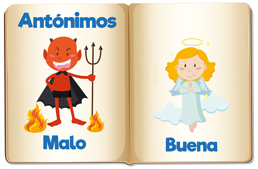 Illustrated word card featuring antonyms in Spanish means bad and good