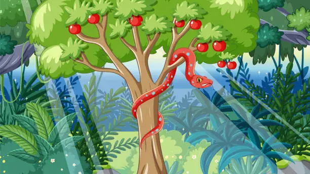 Vector illustration of Snake on Apple Tree in Garden of Eden