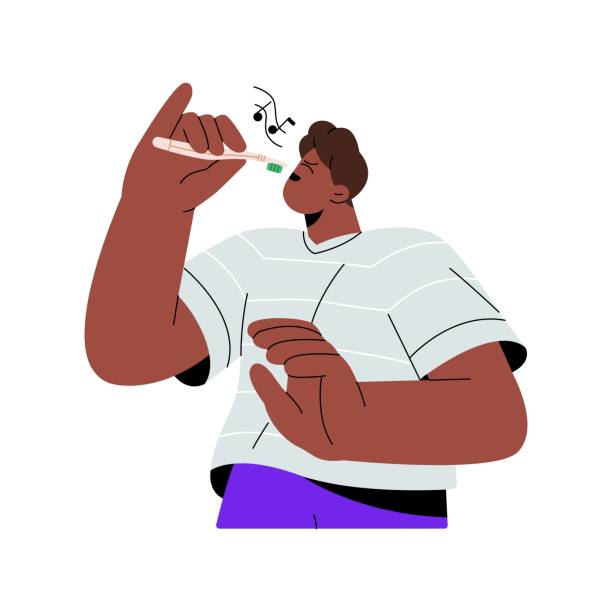 People brush teeth, cleaning tooth. Young man fooling, sing song in toothbrush. Happy guy care about dental hygiene, oral health. Daily water treatments. Flat isolated vector illustration on white People brush teeth, cleaning tooth. Young man fooling, sing song in toothbrush. Happy guy care about dental hygiene, oral health. Daily water treatments. Flat isolated vector illustration on white. black man brushing teeth stock illustrations