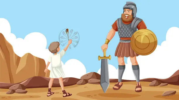 Vector illustration of David Holding Sling, Fighting Goliath: A Biblical Battle