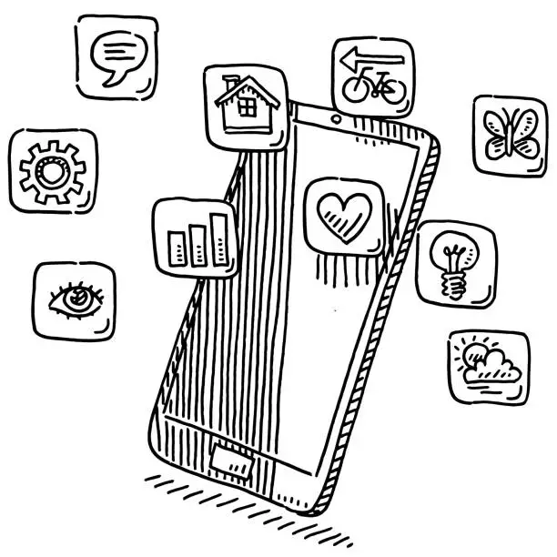 Vector illustration of Smartphone Group Of App Icons Drawing