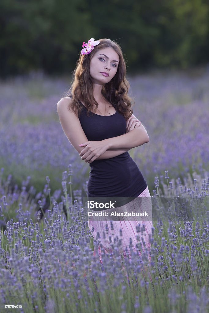 Chica atractiva en el campo de lavanda blossoming - Foto de stock de 20 a 29 años libre de derechos