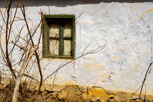 Romanian traditional wooden clay house abandoned, close view
