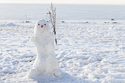 Smiling snowman stands on white snowdrift on the coast of frozen Baltic Sea