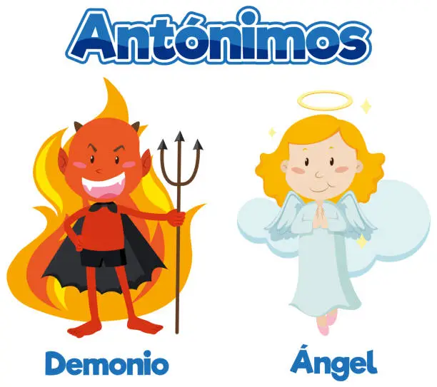 Vector illustration of Education Antonyms: Demonio and Angel in Spanish Language