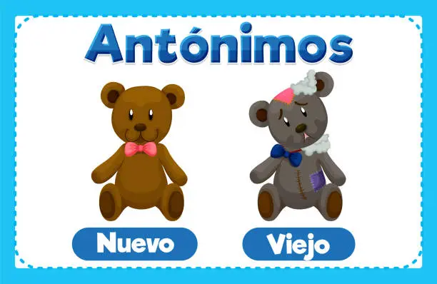 Vector illustration of Nuevo y Viejo: AntÃ³nimo Word Card in Spanish Language