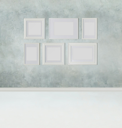 Interior mock up template background with grey stucco wall, white floor and empty blank frame border with copy space