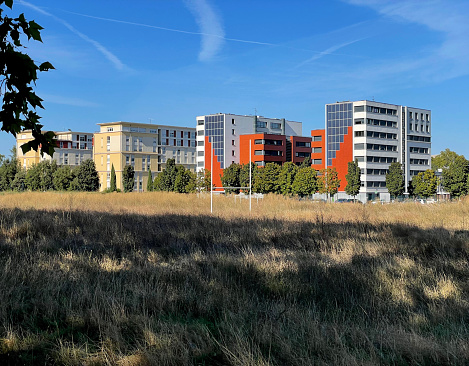 Blocks of flats and an overgrown rugby pitch in Toulouse, France