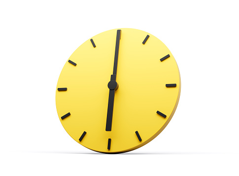 3d Simple Yellow Round Wall Clock 6 O'Clock Six O'clock On White Background 3d illustration