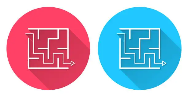 Vector illustration of Maze and solution. Round icon with long shadow on red or blue background