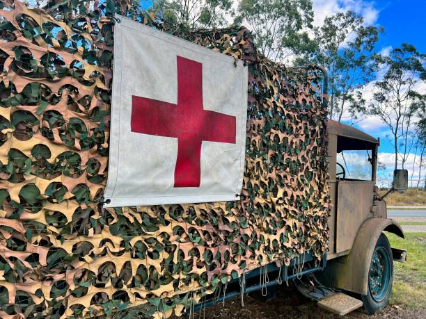 International Red Cross sign on an old military vehicle stock photo