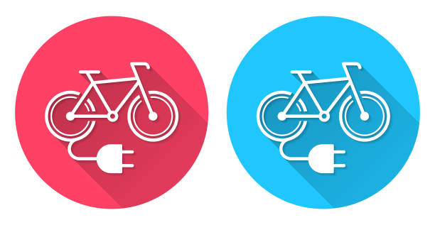 ilustrações, clipart, desenhos animados e ícones de bicicleta elétrica com tomada. ícone redondo com sombra longa no fundo vermelho ou azul - bicycle racing bicycle isolated red