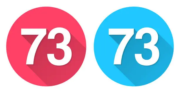 Vector illustration of 73 - Number Seventy-three. Round icon with long shadow on red or blue background