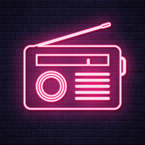 Radio. Glowing neon icon on brick wall background Icon of "Radio" in a realistic neon sign style. The icon is created with a pink glowing neon light on a dark brick wall. Modern and trendy illustration with beautiful bright colors. Vector Illustration (EPS file, well layered and grouped). Easy to edit, manipulate, resize or colorize. Vector and Jpeg file of different sizes. retro transistor radio clip art stock illustrations