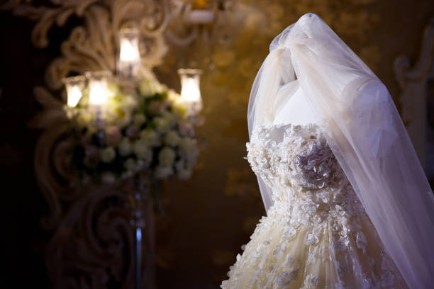 istock Lace and embroidery on fabric with beads wedding dresses 1757580815