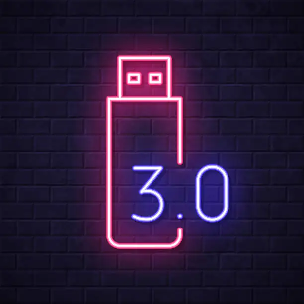 Vector illustration of USB 3.0 flash drive. Glowing neon icon on brick wall background