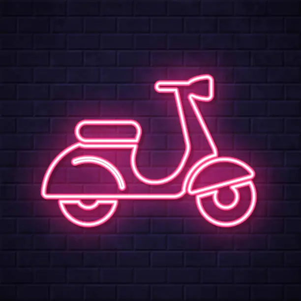 Vector illustration of Scooter motorcycle - side view. Glowing neon icon on brick wall background