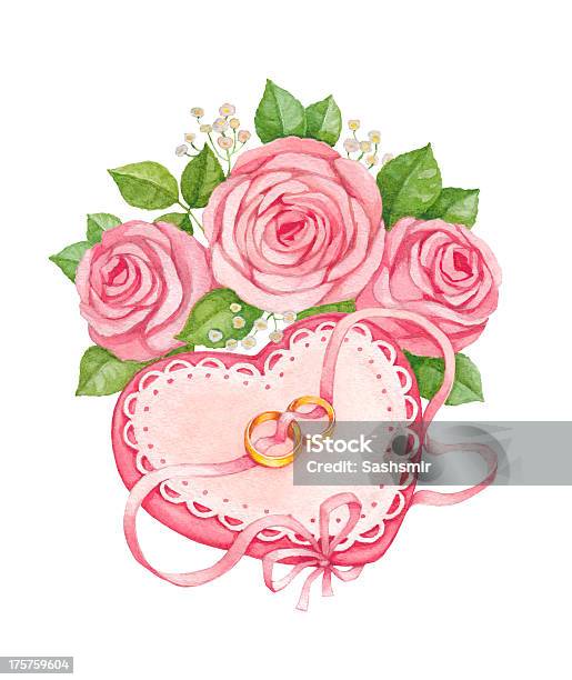 Watercolor Illustration Of Wedding Rings And Bridal Bouquet Stock Illustration - Download Image Now