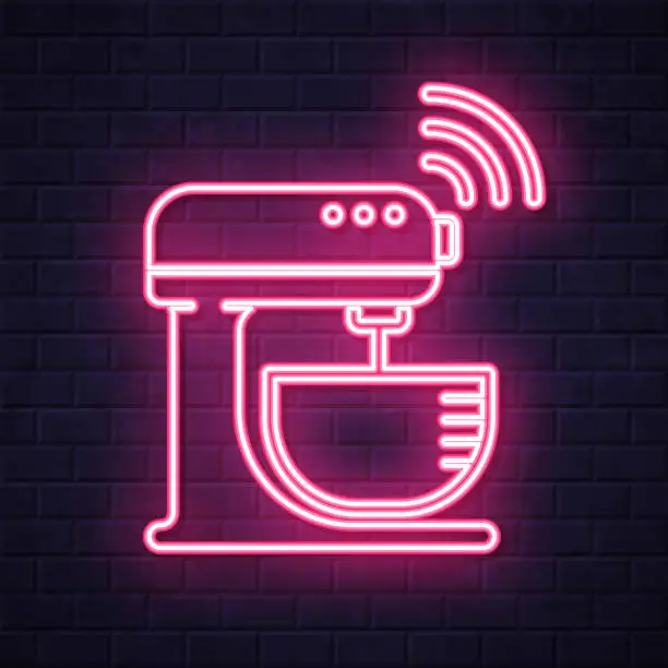 Vector illustration of Smart stand mixer. Glowing neon icon on brick wall background